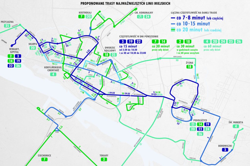 Mapa pokazująca trasy linii po zmianach w sieci płockiej komunikacji miejskiej