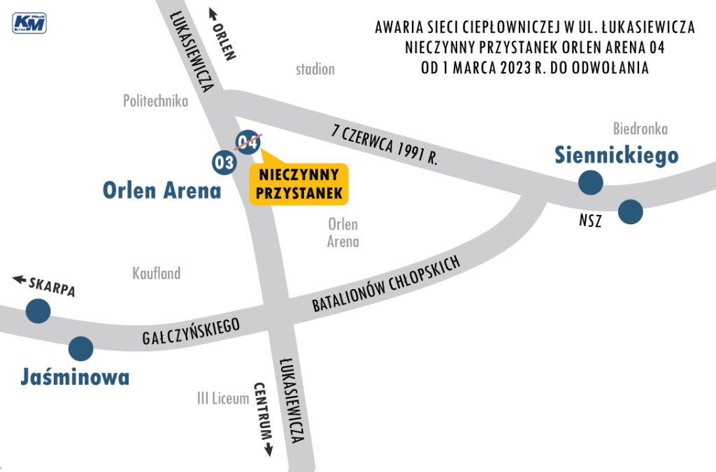 Mapa pokazująca lokalizację nieczynnego przystanku Orlen Arena 04. 